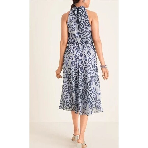 Adrianna Papell Purple Animal Print Midi Halter Tie Dress Womes 14 Wedding Party - Picture 2 of 16